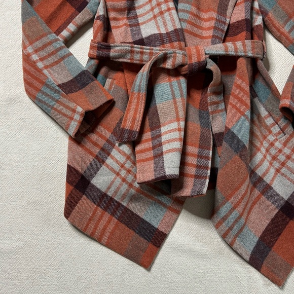 Chicwish Wool Blend Orange Teal Brown Plaid Wrap Coat S - Picture 3 of 8